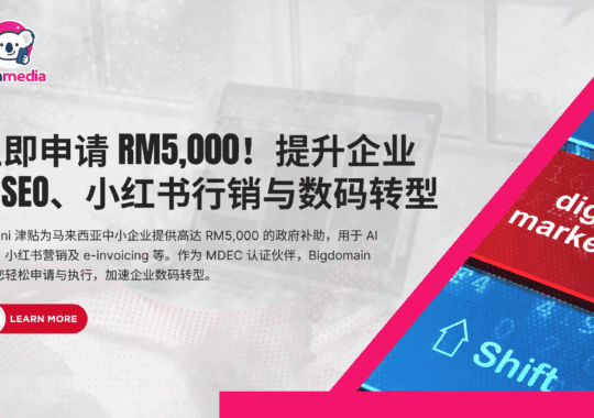 Bigdomain's poster highlighting their MDEC certification and 10,000+ client experience in helping SMEs secure Madani Grant for digital services like AI SEO and XiaoHongShu.