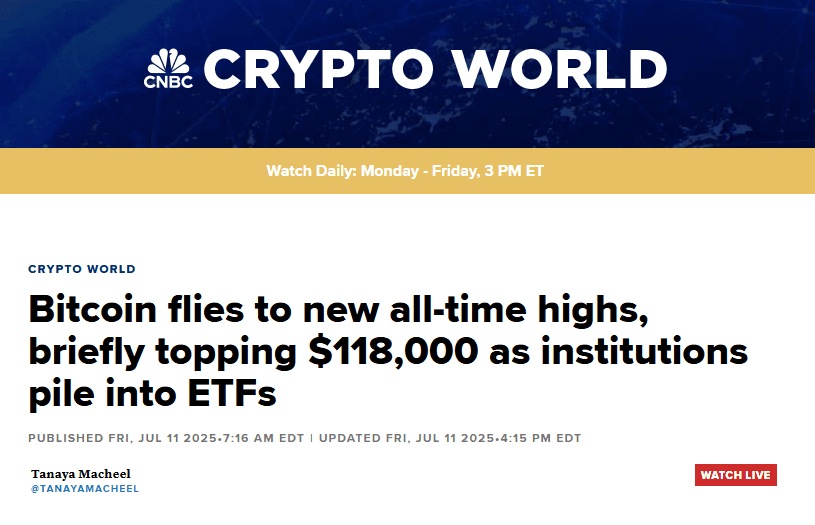 a screenshot of a news CNBC showing BTC at 118K